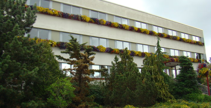 Foto: Hauptgebaeude IGZ © Katja Krüger Mehrstöckiges Gebäude mit buntem Blumenschmuck an den Fenstern und Bäumen im Vordergrund