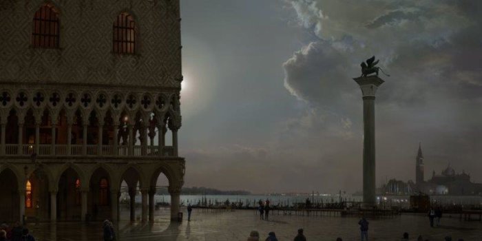 Foto: Die Piazzetta in Venedig bei Mondschein © Hiroyuki Masuyama Gemälde: Die Piazzetta in Venedig bei Mondschein