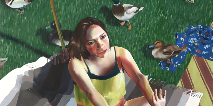 Bild: Ausschnitt aus Gemälde: Ducks in the Park © Galerie Rothamel auf einer Decke sitzende Frau mit Enten im Gras
