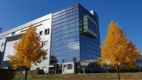 Gebäude des CiS Forschungsinstituts für Mikrosensorik mit herbstlich gefärbten Bäumen