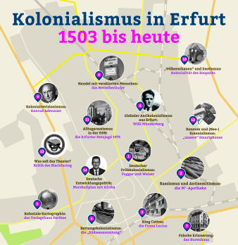 Foto: Ausschnitt des Plakats "Dekolonialer Stadtrundgang" © Universität Erfurt abstrakte Karte mit Ortsmarkierungen