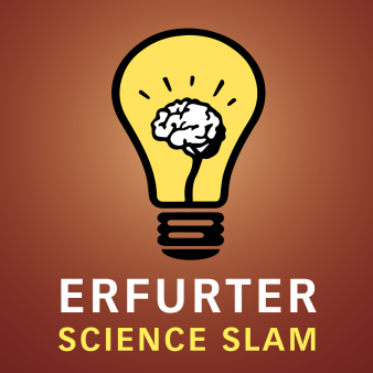 Foto: Erfurter Science Slam © Universität Erfurt Titeltext und Glühlampe mit Gehirnsymbolbild