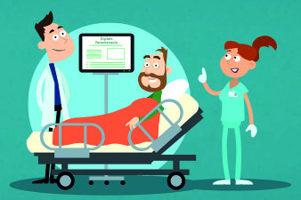 Foto: digitale Patientenakte © Helios Kliniken GmbH Grafik mit Patient auf Liege und zwei Medizinern, stilisierte Akte auf Monitor