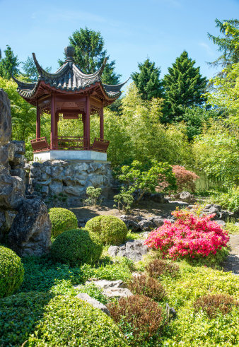Foto: Ein chinesischer Garten © colourbox.de Garten mit offenem erhöhten Rundgebäude